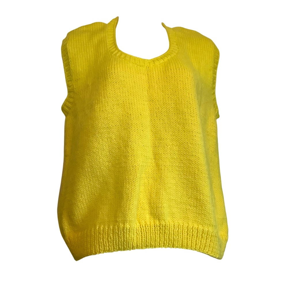Handmade Neon Yellow Knit‎ Sweater Vest Sleeveless Crew Neck Ribbed Trim